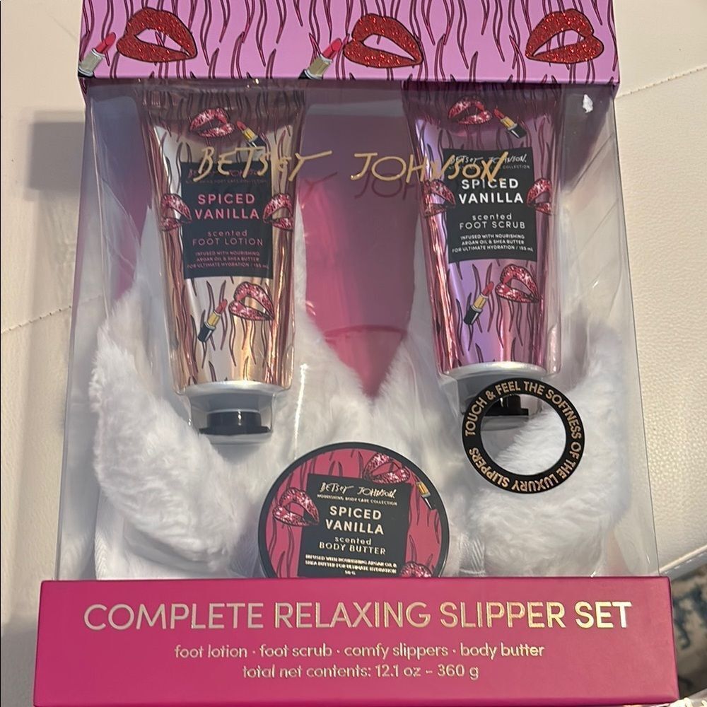 BetseyJohnson set: foot lotion, foot scrub, body butter and comfy slippers